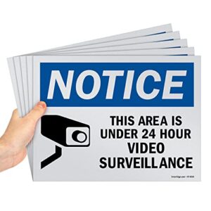 smartsign (pack of 5) 9 x 12 inch “notice - this area is under 24 hour video surveillance” sign, screen printed, 10 mil polystyrene plastic, blue/black on white