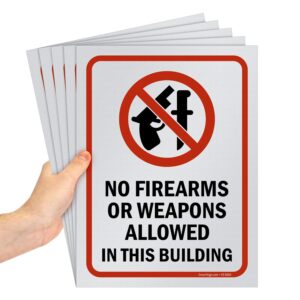 smartsign (pack of 5) 12 x 9 inch “no firearms or weapons allowed in this building” sign, screen printed, 10 mil polystyrene plastic, red/black on white