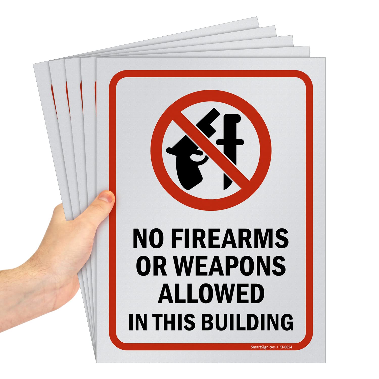 SmartSign (Pack of 5) 12 x 9 inch “No Firearms Or Weapons Allowed In This Building” Sign, Screen Printed, 10 mil Polystyrene Plastic, Red/Black on White