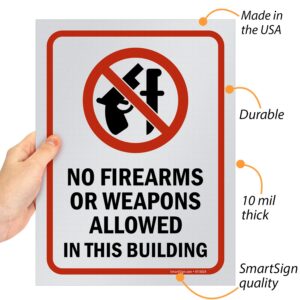 SmartSign (Pack of 5) 12 x 9 inch “No Firearms Or Weapons Allowed In This Building” Sign, Screen Printed, 10 mil Polystyrene Plastic, Red/Black on White