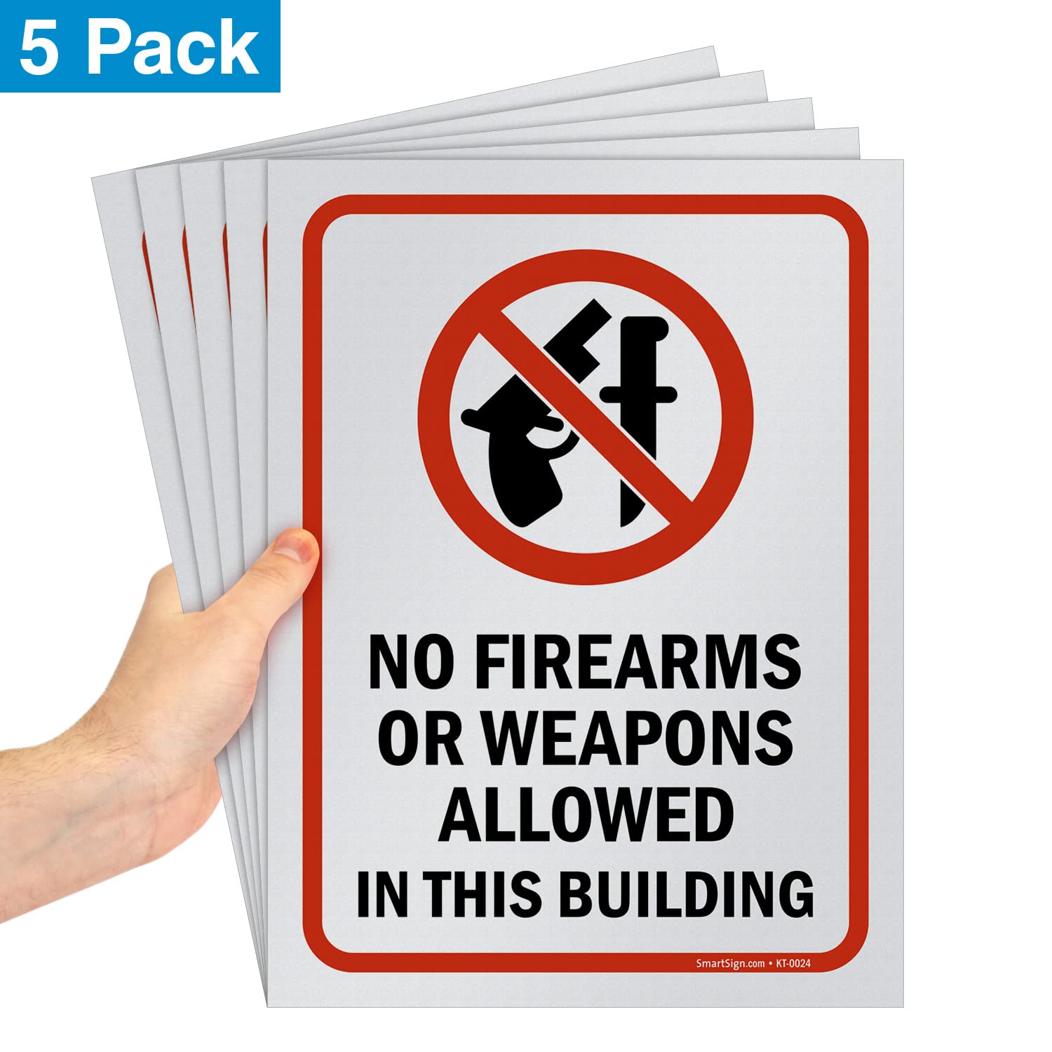 SmartSign (Pack of 5) 12 x 9 inch “No Firearms Or Weapons Allowed In This Building” Sign, Screen Printed, 10 mil Polystyrene Plastic, Red/Black on White