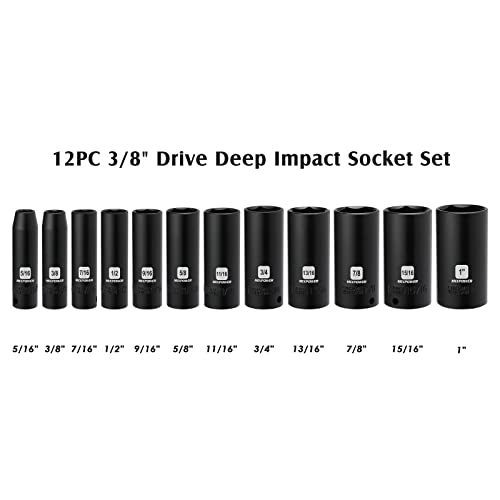 MIXPOWER 12 Pieces 3/8-Inch Drive Deep Impact Socket Set, 5/16 to 1 inch, CR-V, SAE, 6 Point, Deep, 12 Pieces 3/8" Dr. Socket