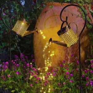 huyieno 2pack solar garden lights outdoor hanging solar lantern watering cans with shepherd hook for patio yard lawn decorations warm leds
