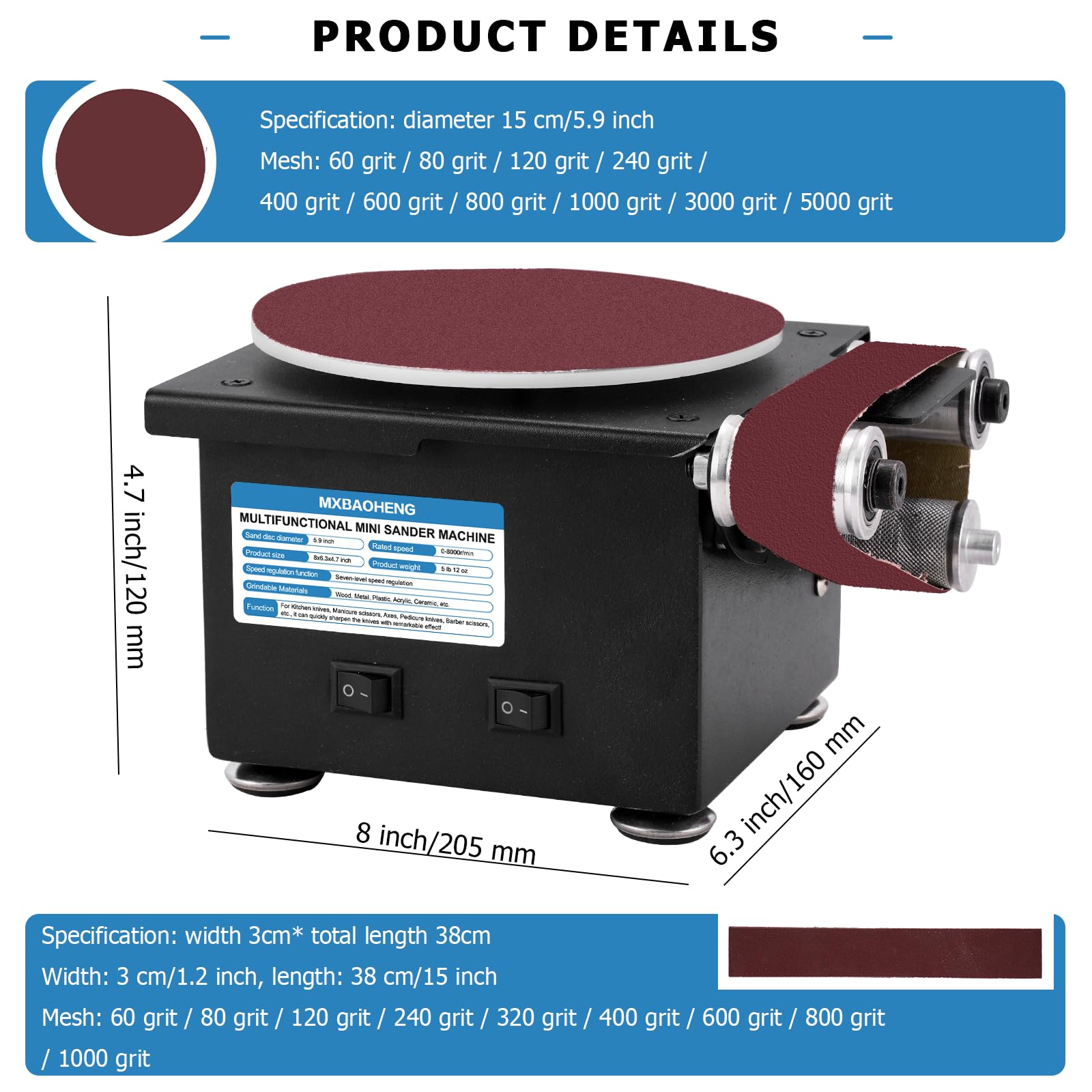 MXBAOHENG Mini Disc Sander 6-Inch Electric Mini Belt Sander 1.2-Inch by 15-Inch, Small Sanding Belt Machine for Wood Crafts Metal Stone Grinding 100W 8000RPM (Model A)