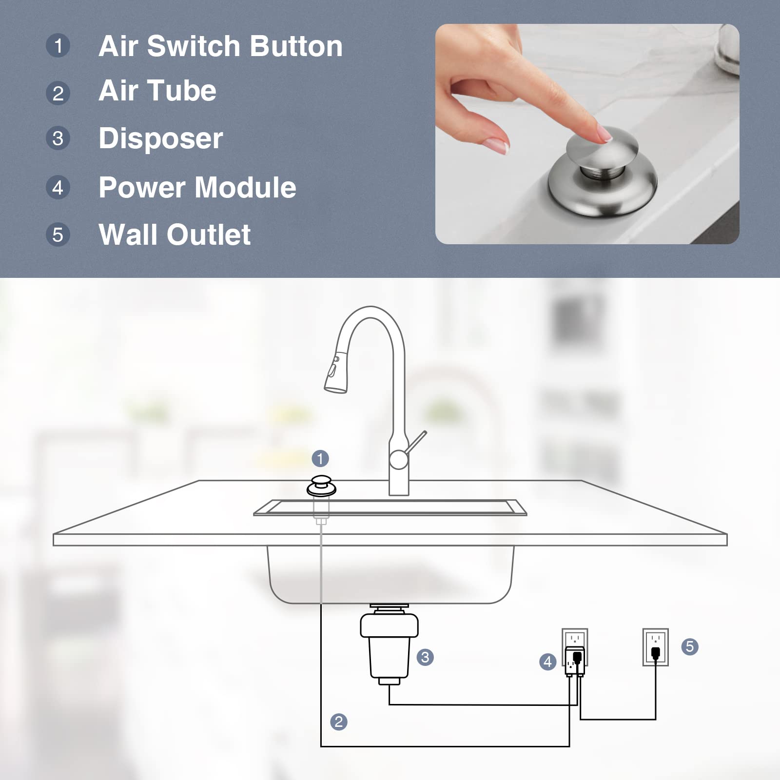 Garbage Disposal Air Switch Kit,With Long Button (Solid Brass) for Sink Top,With Power Module & Cabel,Food Waste Disposals Replacement Parts,Brushed Gold