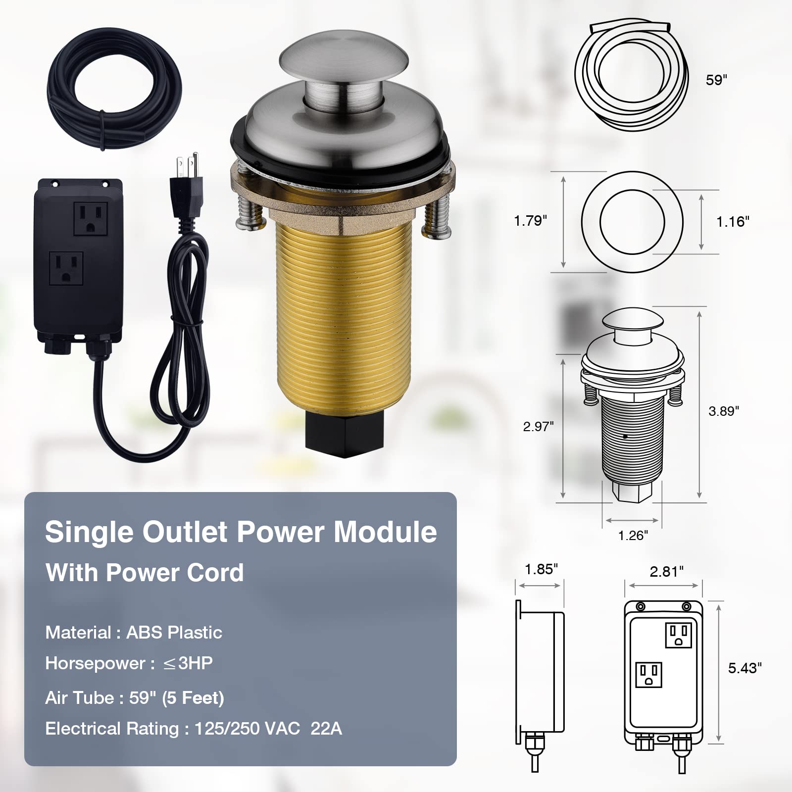 Garbage Disposal Air Switch Kit,With Long Button (Solid Brass) for Sink Top,With Power Module & Cabel,Food Waste Disposals Replacement Parts,Brushed Gold