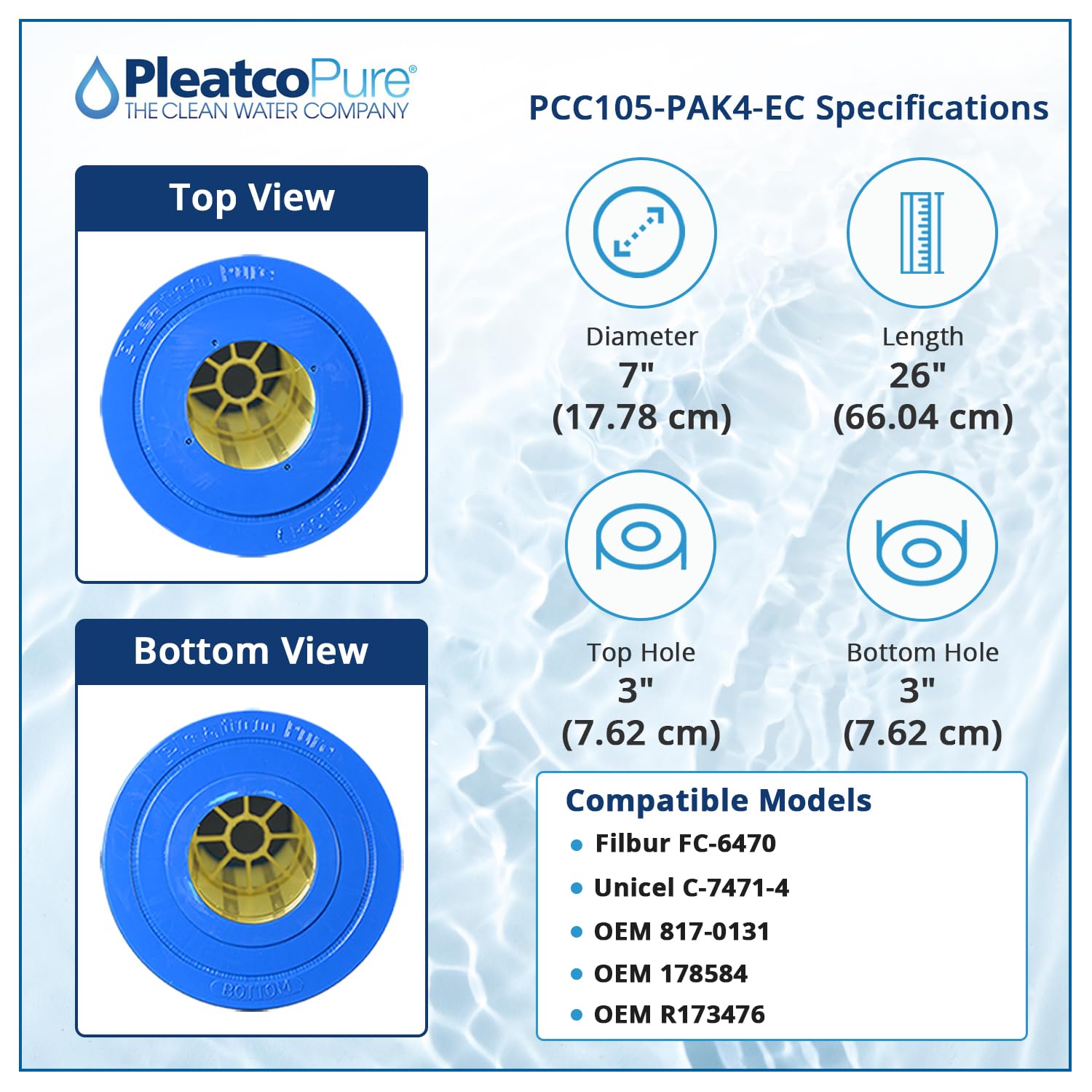 Pleatco PCC105-PAK4-EC Pool Filter Cartridge Replacement for Unicel: C-7471-4, Filbur: FC-6470, OEM Part Numbers: 817-0131, 178584, R173476, White