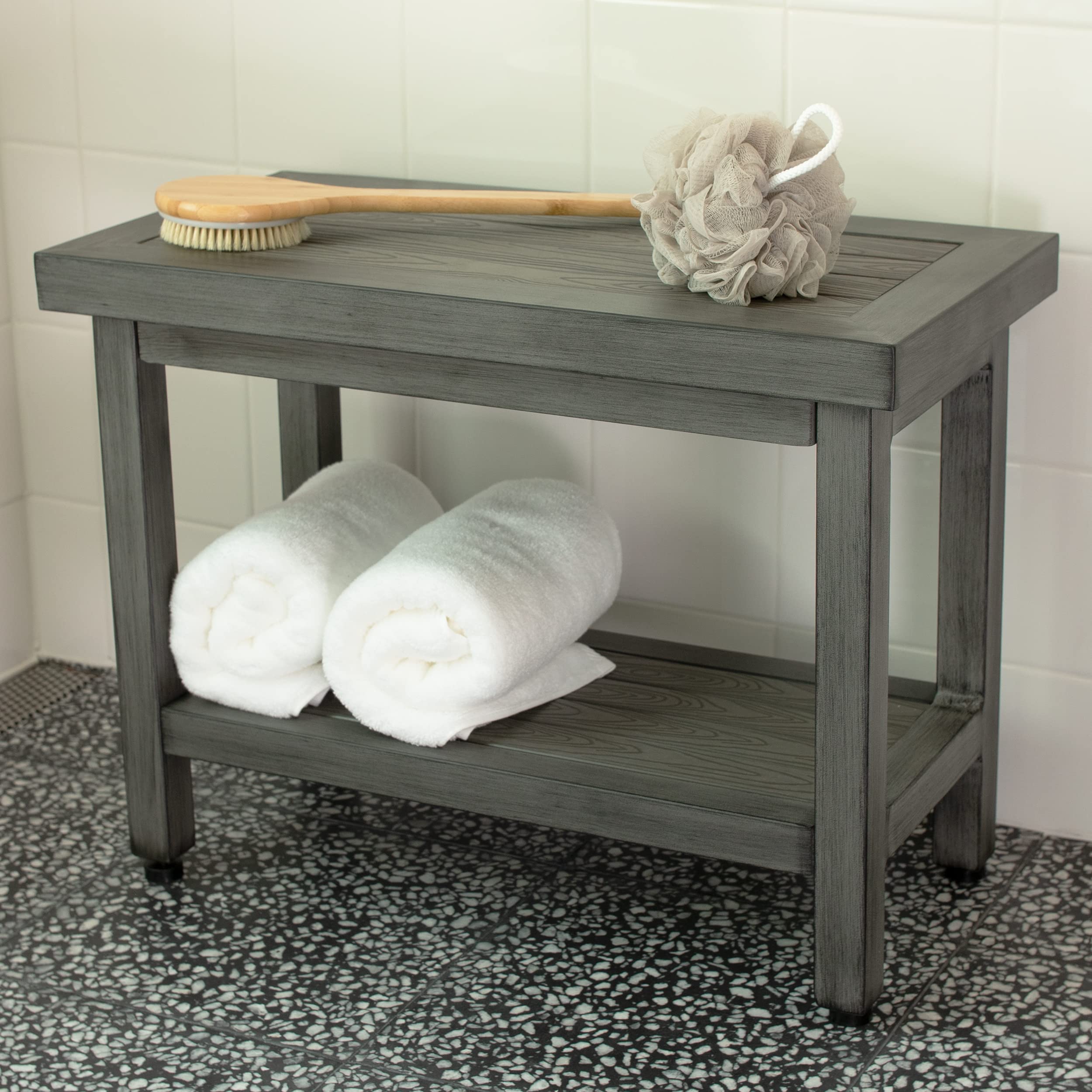 Medline Faux Teak Bathroom Bench, Aluminum Shower Bench with Teak-Like Appearance,Gray