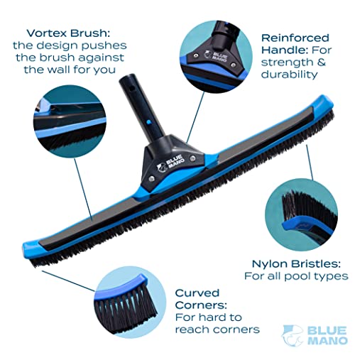 Blue Mano 20" Ultra Wide Vortex Pool Brush, Provides 3X The Force to Clean Pool Walls, Premium & Strong Brush with Curved Edges