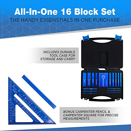 Blockcision Setup Blocks Woodworking Tools - 16-Piece Gauge Block Set with Precision Ruler-Marked Bars, Case, Carpenter Pencil & Square - Aluminum Setup Bars for Router and Table Saw Accessories