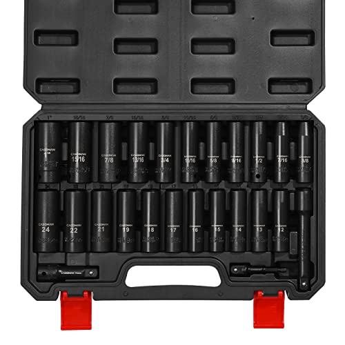 CASOMAN 25PCS 1/2" Drive Impact Socket Set, Deep, Cr-V Steel, 6 Point, Metric&SAE, 12mm to 24mm, 3/8 Inch to 1 Inch, Includes Extension Bars: 3-inch, 5-inch, 1/2-1/4 adapter