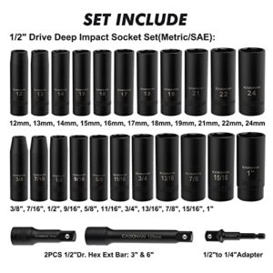 CASOMAN 25PCS 1/2" Drive Impact Socket Set, Deep, Cr-V Steel, 6 Point, Metric&SAE, 12mm to 24mm, 3/8 Inch to 1 Inch, Includes Extension Bars: 3-inch, 5-inch, 1/2-1/4 adapter