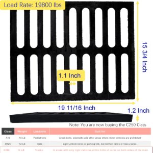 MOSINSBO Cast Iron Drain Grate, 20x16 Outdoor Drain Cover, C250 Class Sewer Grate, Durable Heavy Duty Channel Grate, Black Rectangle Drainage Grate for Concrete Floor (19.7”x15.7”)