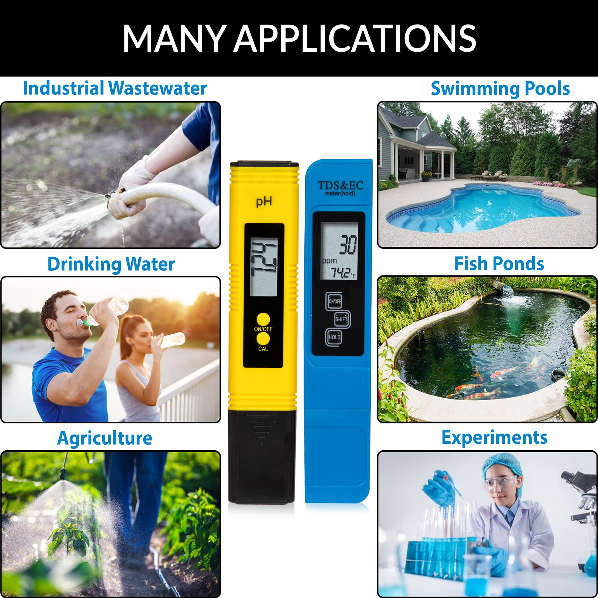 pH Meter and TDS, EC, Temperature Meter (Accuracy: pH: ±0.1, TDS: ±2-5%, EC: ±2-5%, Temp.: ±0.1°C) | for Water, Hydroponics, Aquariums, Pools & Spas, Soil, Brewing, Aquaculture, Kombucha, etc.