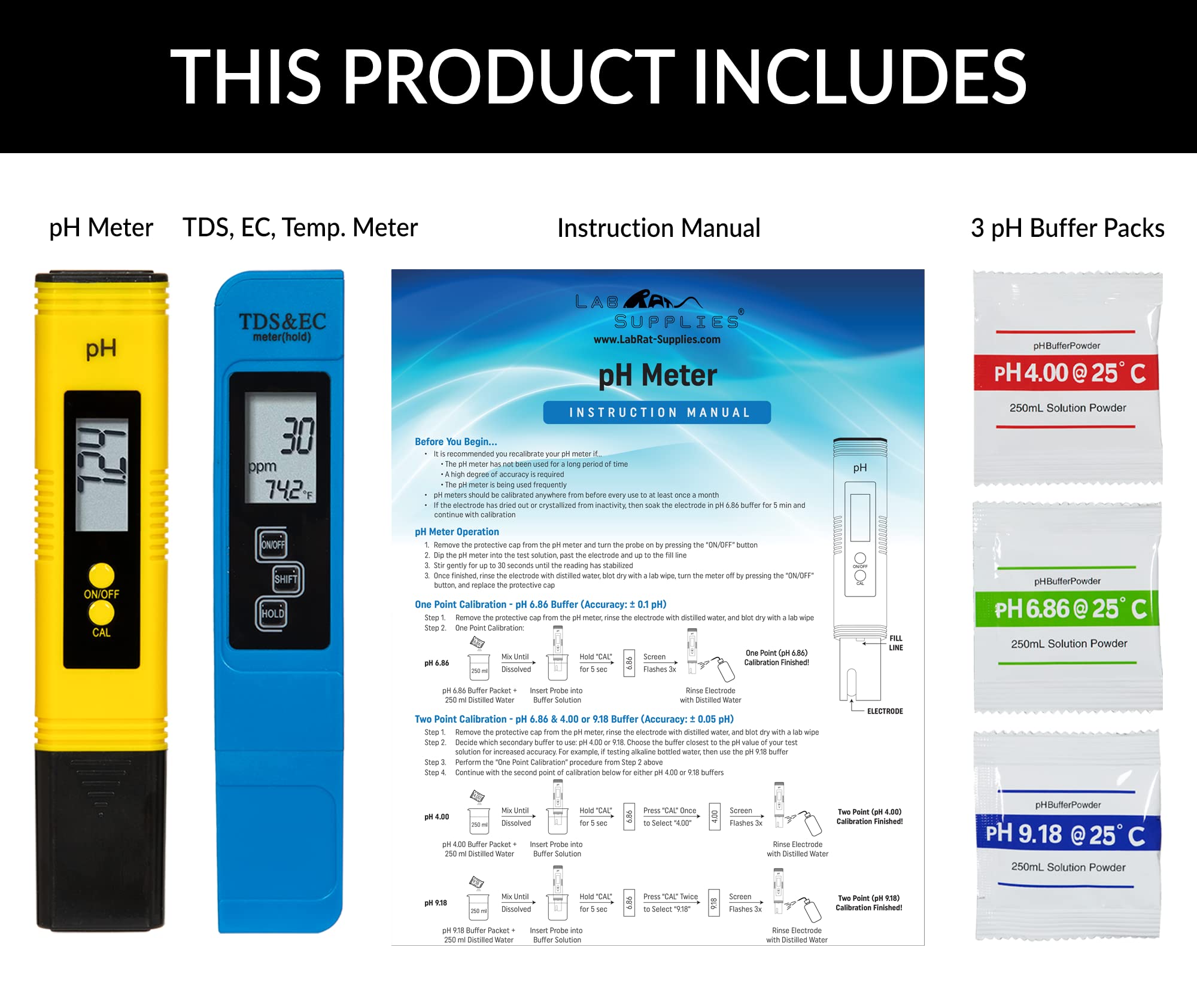 pH Meter and TDS, EC, Temperature Meter (Accuracy: pH: ±0.1, TDS: ±2-5%, EC: ±2-5%, Temp.: ±0.1°C) | for Water, Hydroponics, Aquariums, Pools & Spas, Soil, Brewing, Aquaculture, Kombucha, etc.