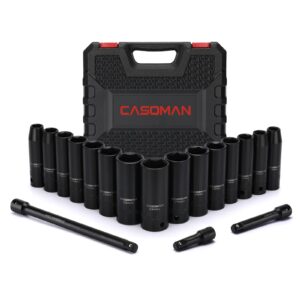 casoman 18pcs 1/2" drive impact socket set, deep, cr-v steel, metric, 10mm-24mm, includes extension bars:3-inch, 5-inch, 10-inch
