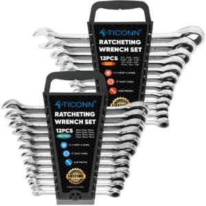 ticonn 24pcs ratcheting wrench set with organizer rack, professional slim profile mechanic cr-v ratchet (12pcs inch (sae) & 12pcs mm (metric))