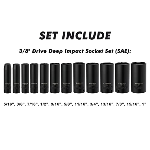 CASOMAN 12 Pieces 3/8-Inch Drive Impact Socket Set, 6-Point, SAE, Deep, CR-V, 5/16" to 1", Heavy Duty Blow Molded Storage Case