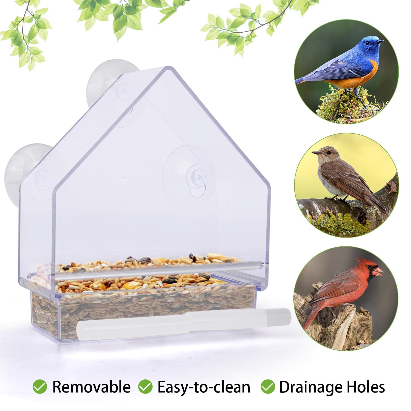 Window Bird Feeder 2 Pack, Bird House for Outside with 2 Rod, Window Bird Feeder with Strong Suction Cups and Removable Seed Tray with Drain Holes