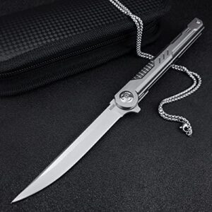 edc slim small flipper folding pocket knife for men ceo, titanium handle and frame lock with clip, m390 plain drop point edge blade, outdoor rescue survival everyday carry self defense