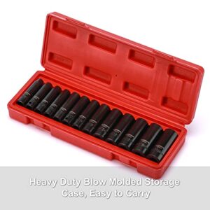 CASOMAN 13 Pieces 3/8-Inch Drive Impact Socket Set, 6-Point, Metric, Deep, CR-V, 7mm to 19mm, Heavy Duty Blow Molded Storage Case