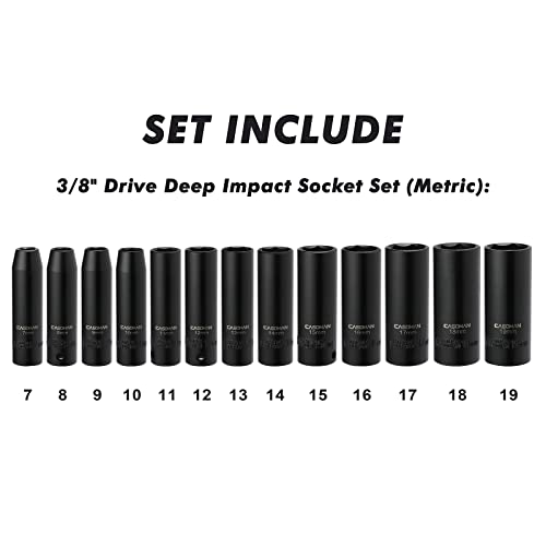 CASOMAN 13 Pieces 3/8-Inch Drive Impact Socket Set, 6-Point, Metric, Deep, CR-V, 7mm to 19mm, Heavy Duty Blow Molded Storage Case