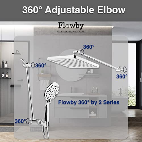 Flowby 𝟭6'' 𝗘𝘅𝘁𝗿𝗮 𝗟𝗼𝗻𝗴 Adjustable Solid Brass Chromed Shower Head Extension Arm, With Setting Screw and Locking Nuts, Extra Load of Weight, Height and Range Adjustable, Easy Installation