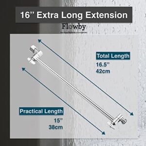 Flowby 𝟭6'' 𝗘𝘅𝘁𝗿𝗮 𝗟𝗼𝗻𝗴 Adjustable Solid Brass Chromed Shower Head Extension Arm, With Setting Screw and Locking Nuts, Extra Load of Weight, Height and Range Adjustable, Easy Installation