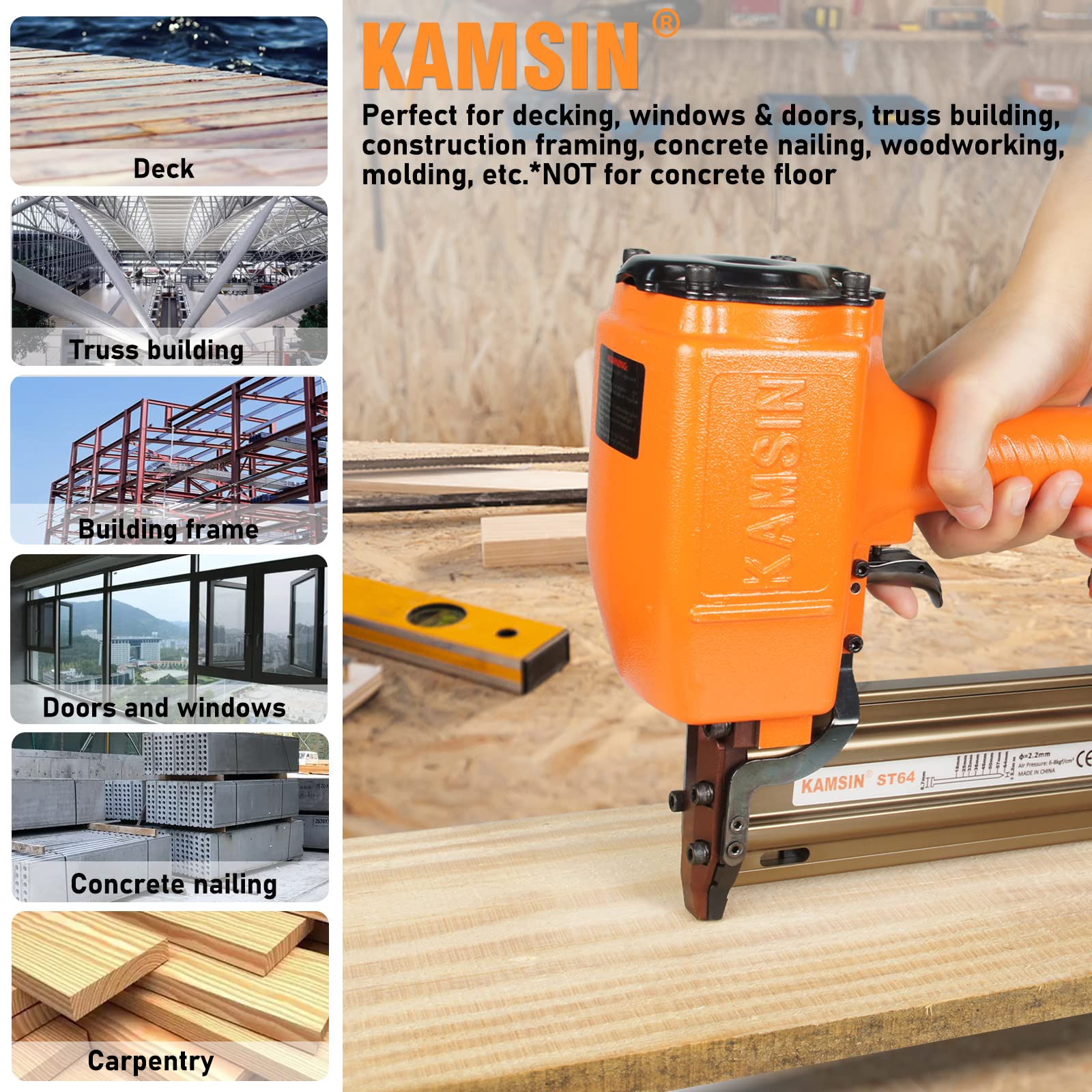 KAMSIN #ST64 14 Gauge Heavy Duty Pneumatic Concrete T Nailer Kit with 400 PCS Concrete T Nails, 3/4" to 2-1/2"(18-64mm) Leg Air Power Concrete Nails Gun Woodworking Brad Nailer Gun