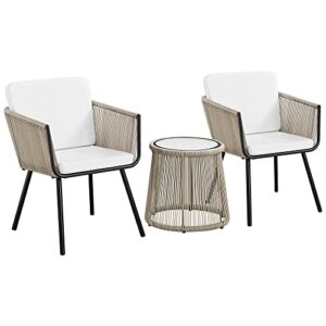 topeakmart 3 piece patio bistro set, outdoor all-weather conversation bistro set w/ 2 wide ergonomic chairs, cushions&glass top table for porch, backyard, balcony, garden