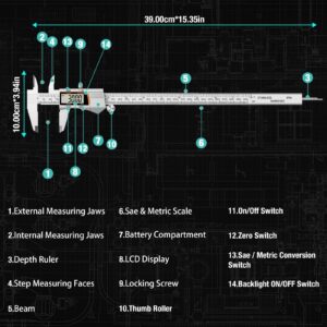 Raynesys Digital Caliper 12 inch 300mm Micrometer Caliper All Stainless Steel Electronic Diameter Measuring Tool with Large LCD Screen for Household/Jewelers/DIY