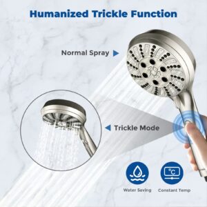 Shower Head Combo - WaterSong 4.5" 6-Setting Handheld Showerhead and 7" 5-Setting Rainfall Spray, One Click for High Pressure/Trickle Mode, with 70” Longer Stainless Steel Hose, Brushed Nickel