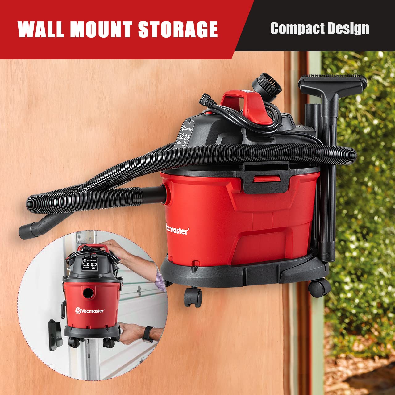 Vacmaster Red Edition VHB305M 1101 Wall Mount Wet Dry Vacuum 3.2 Gallon 2.5 Peak HP