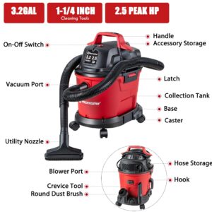 Vacmaster Red Edition VHB305M 1101 Wall Mount Wet Dry Vacuum 3.2 Gallon 2.5 Peak HP