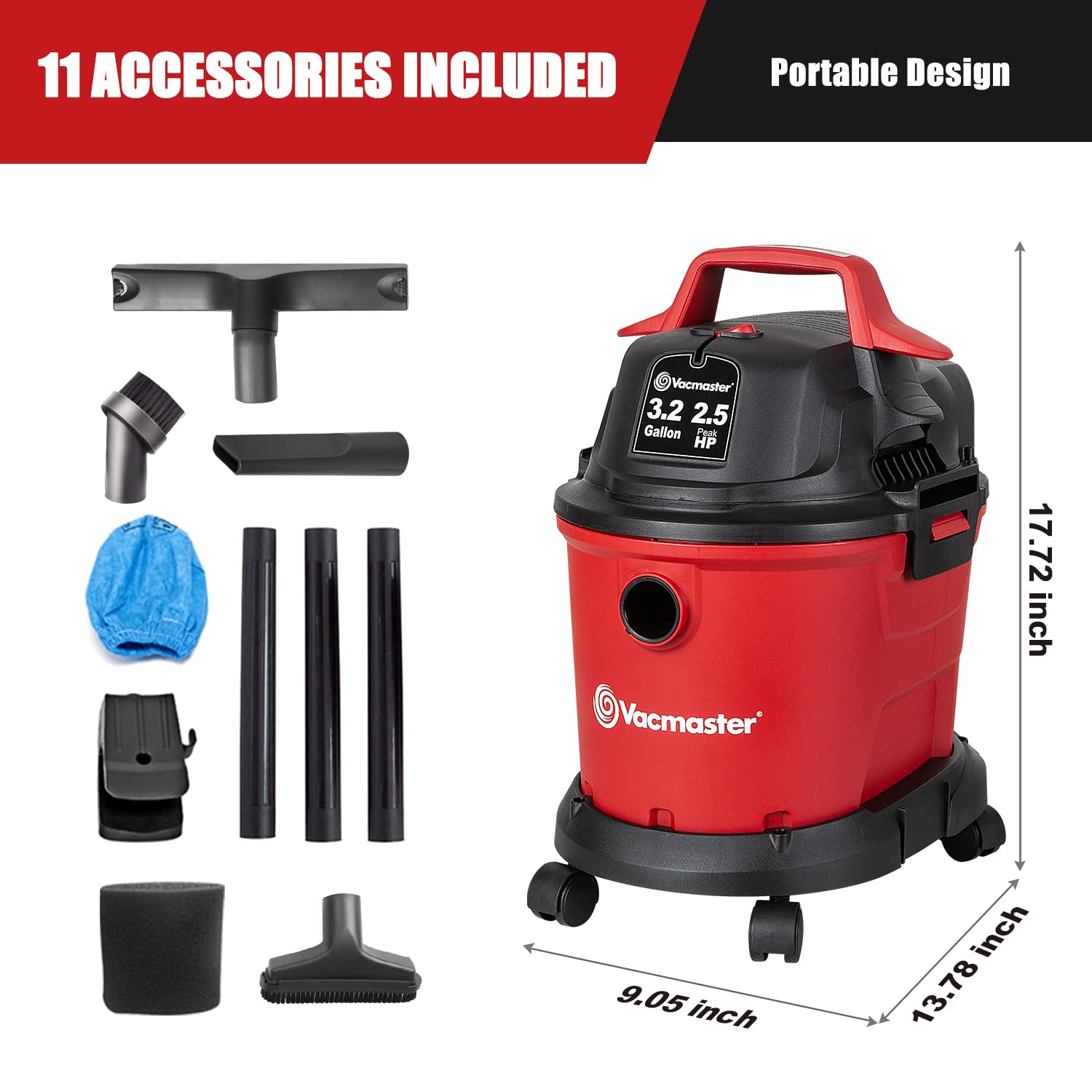 Vacmaster Red Edition VHB305M 1101 Wall Mount Wet Dry Vacuum 3.2 Gallon 2.5 Peak HP