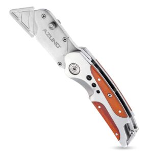 azuno wood handle folding utility knife with stainless steel head, quick-change blade & back lock