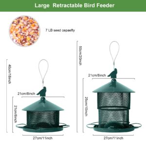 Bird Feeder for Outside Hanging,Squirrel Proof Metal Bird Feeder for Outdoor Wild Birds, 7.4 lb Seed Large Capacity Retractable Hanging Bird Feeders for Cardinal, Finch, Sparrow, Chickadee etc(Green)