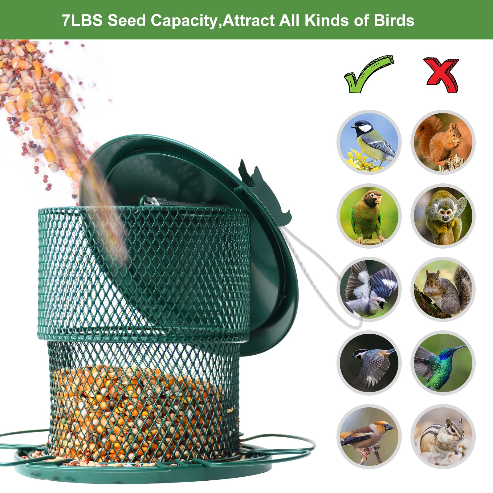 Bird Feeder for Outside Hanging,Squirrel Proof Metal Bird Feeder for Outdoor Wild Birds, 7.4 lb Seed Large Capacity Retractable Hanging Bird Feeders for Cardinal, Finch, Sparrow, Chickadee etc(Green)