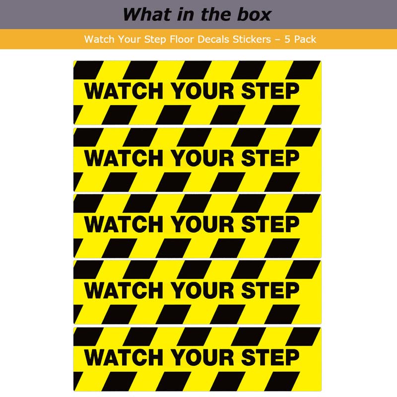 Watch Your Step Floor Decals Stickers – 5 Pack Warning Sign Sticker Floor Tape Anti Slip Abrasive Adhesive Tape Decal for Workplace Home Safety Wet Floor Caution