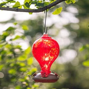 LaElvish Garden Hummingbird Feeders for Outdoors Hanging, 32OZ Hand Blown Glass Hummingbird Feeder for Outside, 4 Perch Ant Moat Leakproof, Garden Decor, Backyard Bird Gifts for Mom (Red Lily)