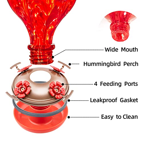 LaElvish Garden Hummingbird Feeders for Outdoors Hanging, 32OZ Hand Blown Glass Hummingbird Feeder for Outside, 4 Perch Ant Moat Leakproof, Garden Decor, Backyard Bird Gifts for Mom (Red Lily)