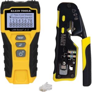 klein tools 80072 rj45 cable tester kit with lan scout jr. 2, coax crimper / stripper / cutter tool and 50-pack pass-thru modular data plugs