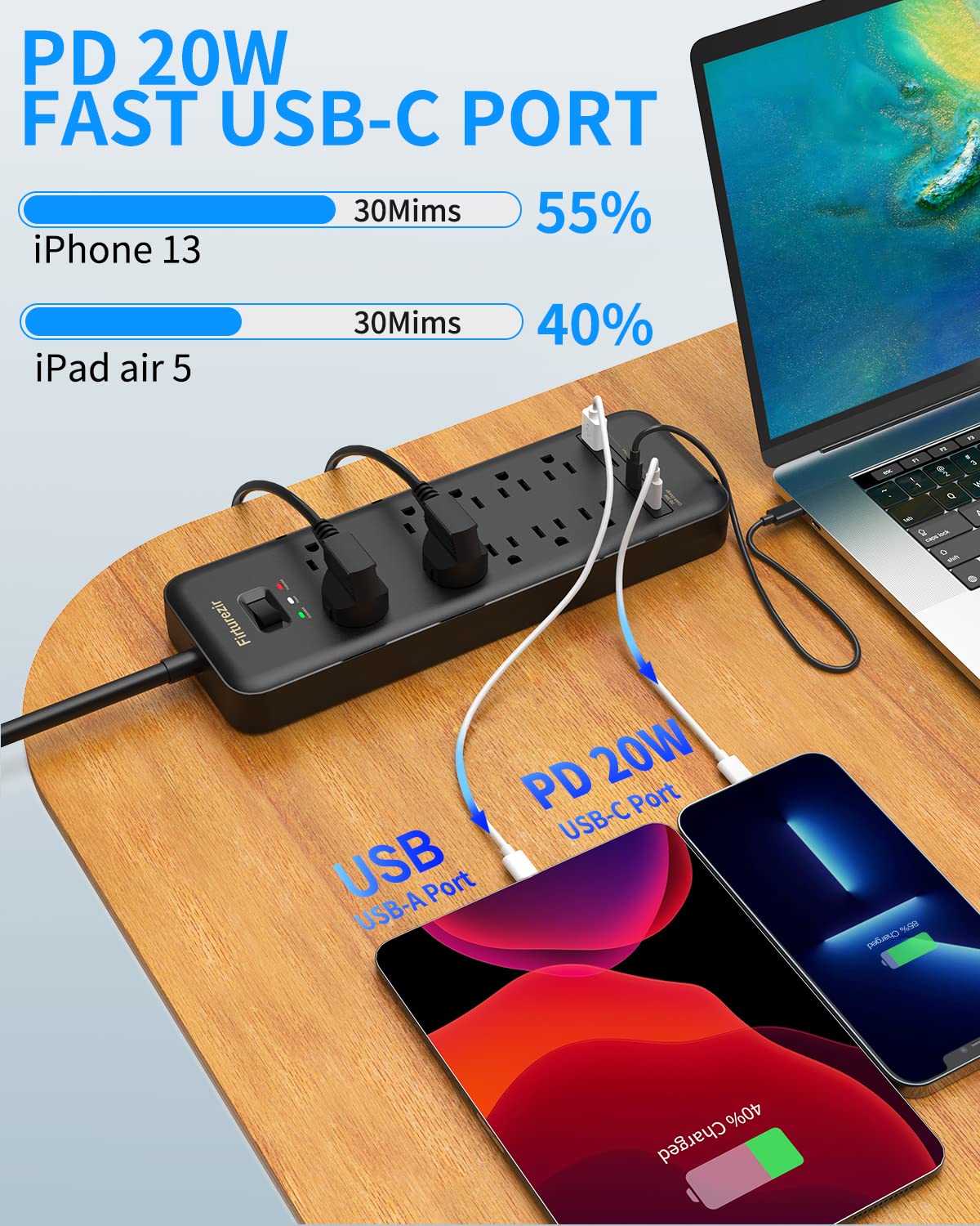 20W USB C Power Strip, Surge Protector Power Strip with 10 Outlets 3 USB C Ports and 1 USB Port Charging for iPhone 14/13 Series, 10 ft Extension Cord for Dorm Rooms,Home, Gift for Mother's Day