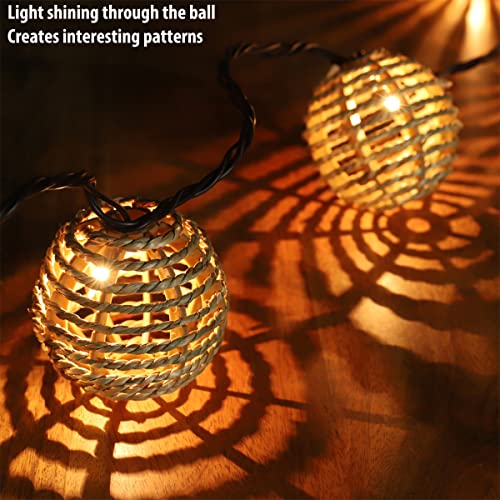 Decorative Lantern String Lights, 10 Mini Bulbs with Seagrass Rattan Wire Ball Style, UL Listed Connectable Weatherproof Indoor Outdoor Patio String Light Plug in for Home Pergola Porch Party Backyard