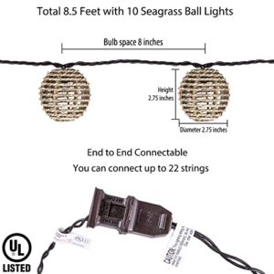 Decorative Lantern String Lights, 10 Mini Bulbs with Seagrass Rattan Wire Ball Style, UL Listed Connectable Weatherproof Indoor Outdoor Patio String Light Plug in for Home Pergola Porch Party Backyard