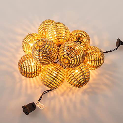 Decorative Lantern String Lights, 10 Mini Bulbs with Seagrass Rattan Wire Ball Style, UL Listed Connectable Weatherproof Indoor Outdoor Patio String Light Plug in for Home Pergola Porch Party Backyard