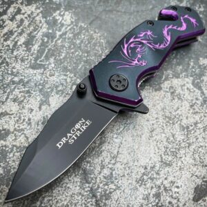 6" fantasy dragon rescue open folding pocket knife black w/ purple outdoor survival hunting knife by survival steel