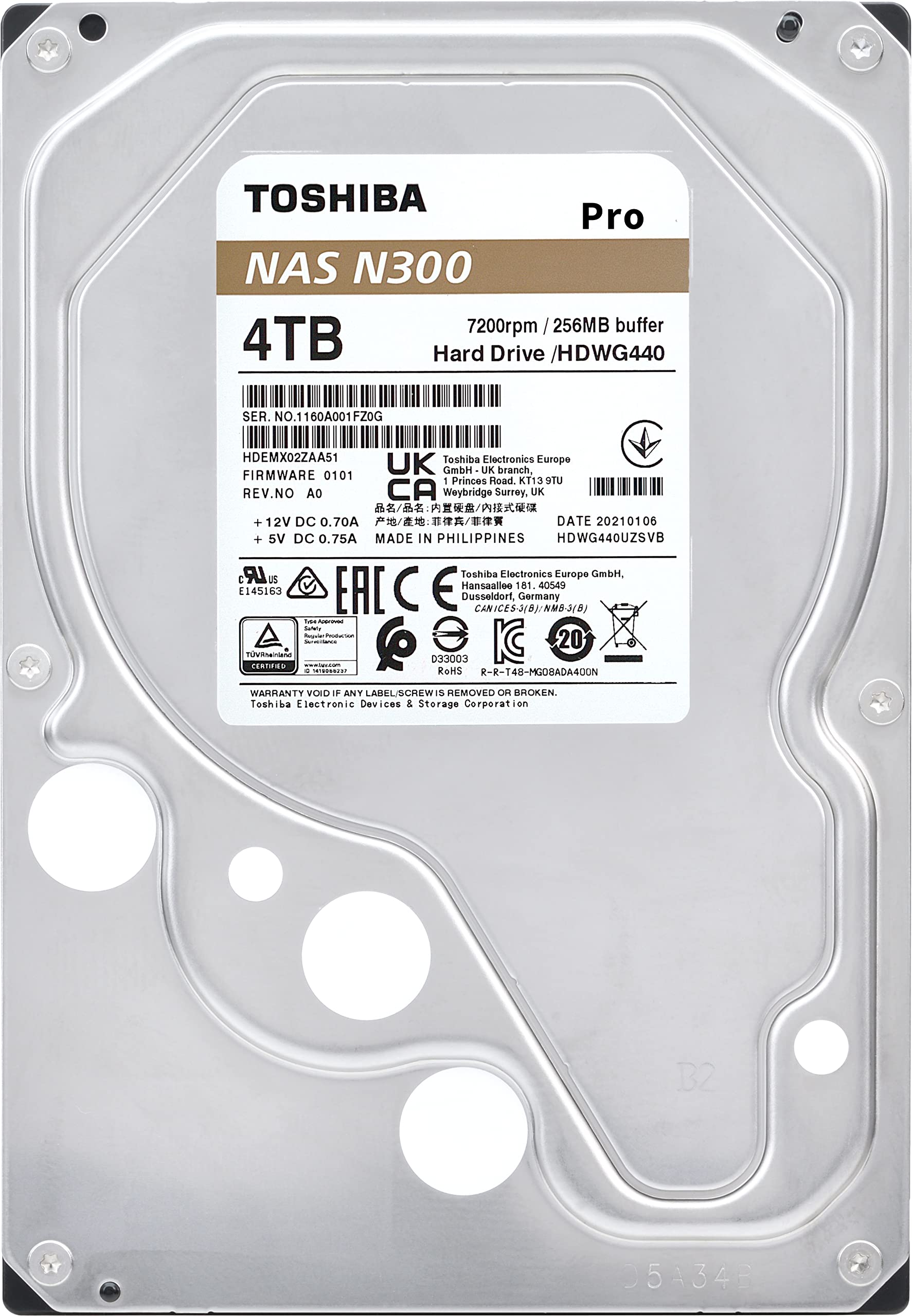 Toshiba N300 PRO 4TB Large-Sized Business NAS (up to 24 bays) 3.5-Inch Internal Hard Drive - Up to 300 TB/year Workload Rate CMR SATA 6 GB/s 7200 RPM 256 MB Cache - HDWG440XZSTB