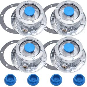 ibroprat 4pcs 343-4009 aluminum hub cap for trailer axle, 3434009 6 holes hub caps with side pipe plugs gaskets and extra 4pcs blue rubber plugs