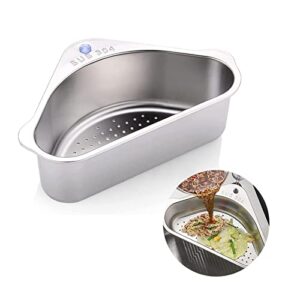 stainless steel sink strainer basket, triangle sink drainer basket for sink food strainer or storage rack for kitchen, bathroom, soap box organizer with suction cup for support corner (silver)